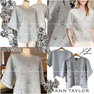 Ann Taylor Gray Jeweled Embellished Statement Short Sleeve Sweater Tee Top Wool